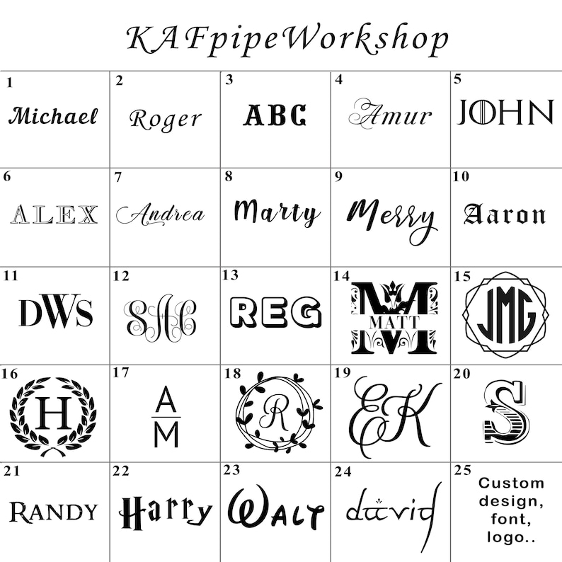 May include: A grid of potential custom designs, fonts, and logos for personalized products. Includes names like Michael, Roger, John, Alex, Andrea, Marty, and Randy, along with initials and decorative elements.