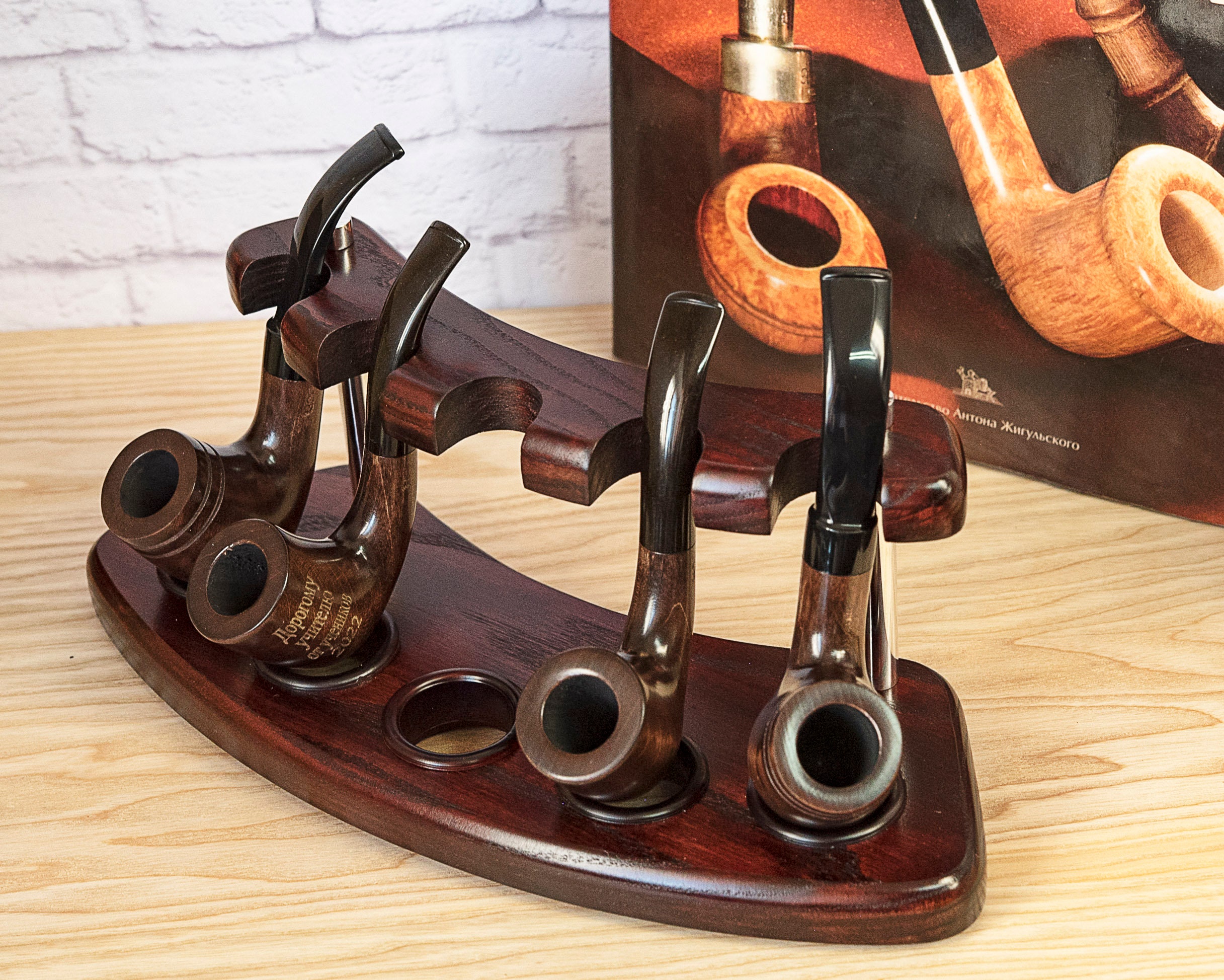 Vintage Smoking Pipe Stand, Tobacco Pipe Holder, Wooden Rack for 7