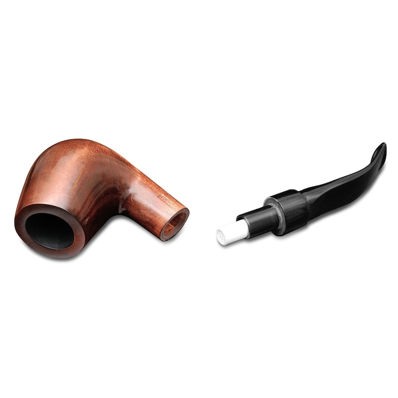 May include: A disassembled tobacco pipe with a curved, polished brown wooden bowl and a separate black stem. The stem includes a white filter. The pipe is designed for smoking tobacco.