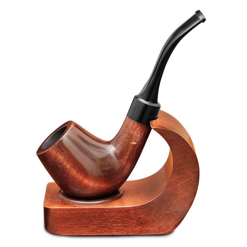 May include: A wooden tobacco pipe with a curved stem and a dark brown finish, resting on a matching wooden stand. The pipe has a dark, glossy mouthpiece and a bowl with a wide opening. The stand has a curved design.