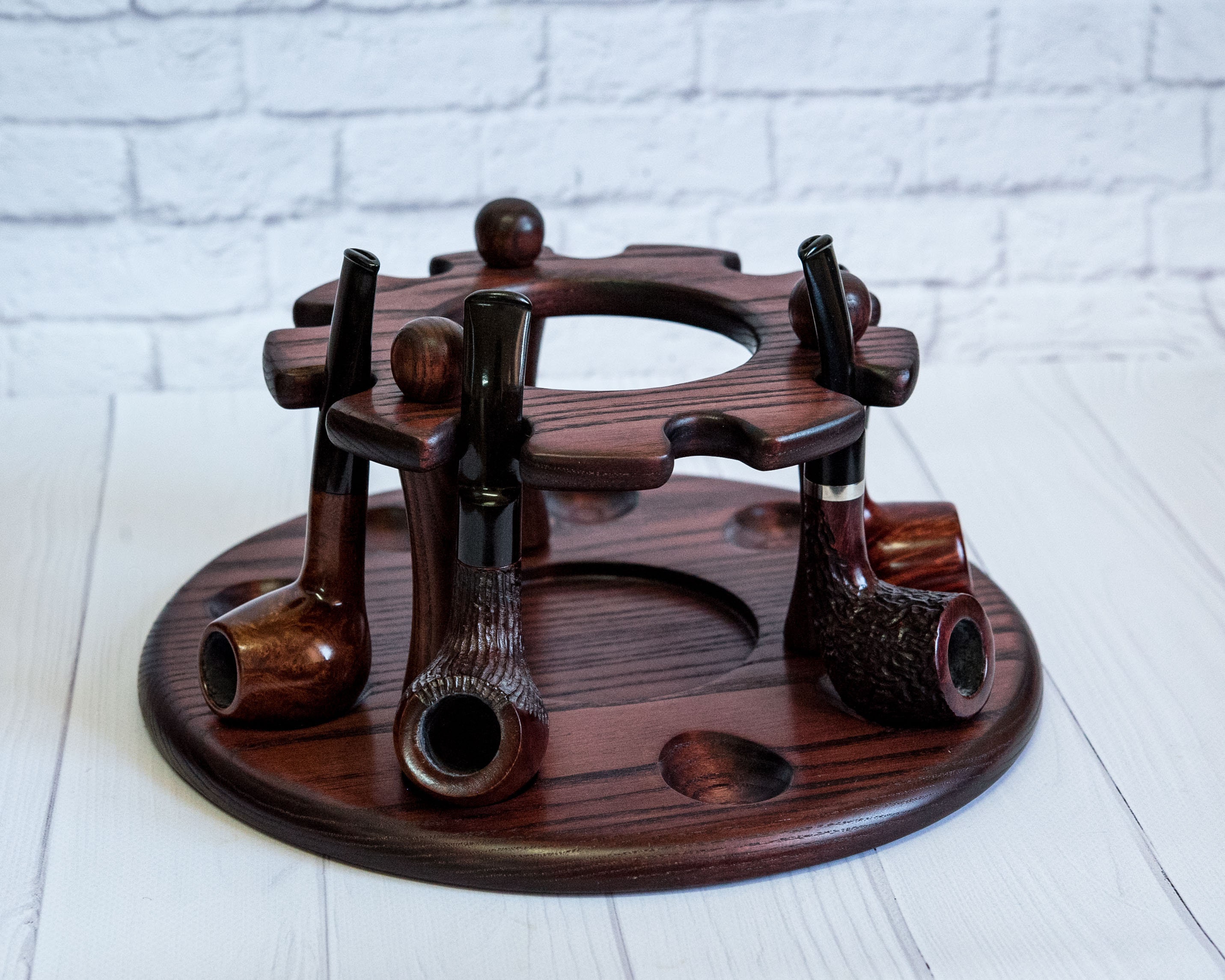 Original Pipe Stand With Glass Jar for Tobacco Storage - Wooden Pipe Rack  Old Fashioned Style for Holding 9 Smoking Pipe With Humidor