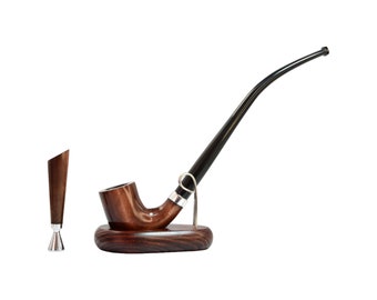 Churchwarden handmade smoking tobacco wooden pipe with accessories and tools - tamper and stand for smoker - sherlock holmes pipe
