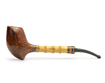 Tobacco Pipe for Smoking Briar Wood Smooth Finished Bowl Flame Grain with Long Bamboo Shank Handmade in Ukraine KAF - Gift for Smoker