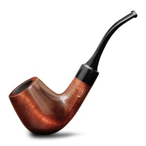 May include: A classic tobacco pipe with a curved stem. The pipe features a dark brown, polished wooden bowl and a black mouthpiece. The design includes a black band where the stem connects to the bowl. The pipe is set against a white background.