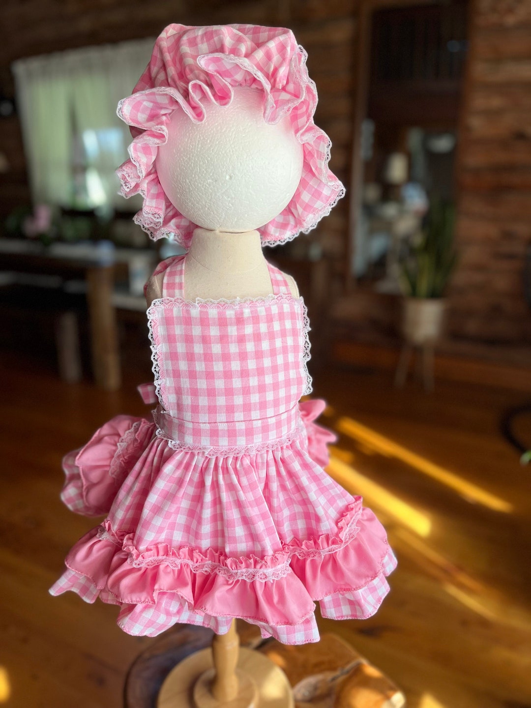 Baby Pink Gingham Apron and Hat Set Birthday Outfit Etsy