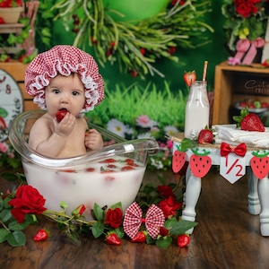 Red Gingham Bath Cap, Strawberry Bath Cap, Sitter Photo Props