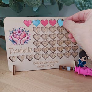 May include: Wooden pregnancy calendar with heart-shaped cutouts and numbers. Features a floral illustration of a baby in hands, the name "Danielle", and the text "Oxford University 2025-2027". Includes a pink syringe and a small figurine.