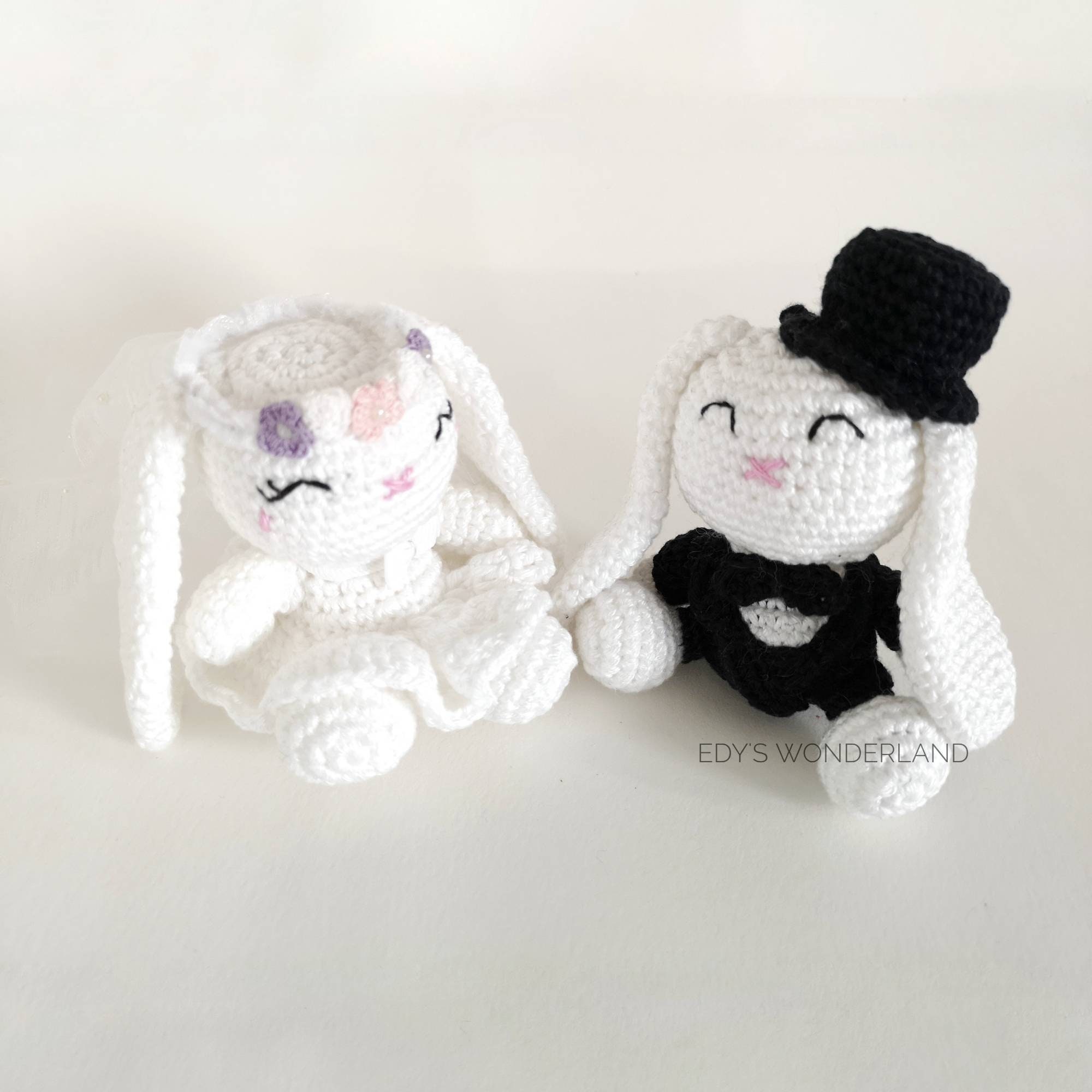 Image of Crochet Bunny Topper Wedding Cake, Bride & Groom Crochet