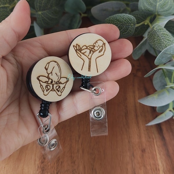 Reel badge wooden engraved, gift for midwife, nurse or health care worker. Student nurse/midwife ID holder.
