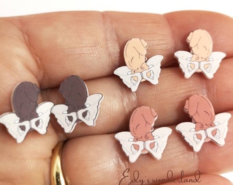 Earrings stud pelvis newborn baby  in the womb. Gift for midwife, doula