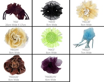 Chiffon Hairband & Wrist Corsage Brooches,8 Styles,28 Flowers Choices.Formal Accessory.For Weddings,Costumes and Formal wear.LIMITED STOCK