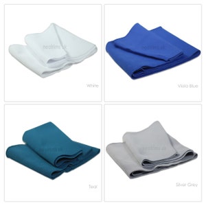 May include: Four fabric swatches in different colors: white, teal, viola blue, and silver grey. Each swatch is folded in thirds and labeled with the color name and "neotrims.uk".