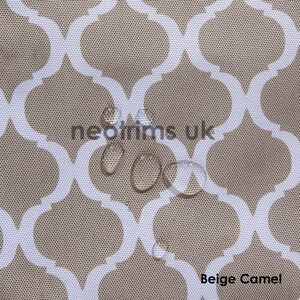 May include: Close-up of a beige camel fabric with a white geometric pattern. The fabric has a textured surface and is water-resistant, with water droplets visible. The text "neotrims uk" and "Beige Camel" are printed on the fabric.