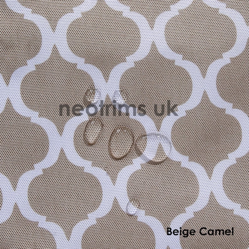 May include: Close-up of a beige camel fabric with a white geometric pattern. The fabric has a textured surface and is water-resistant, with water droplets visible. The text "neotrims uk" and "Beige Camel" are printed on the fabric.