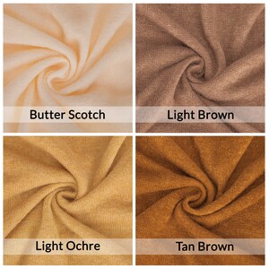 Op de afbeelding: Vier stofstalen in verschillende bruintinten. De stalen zijn gerangschikt in een raster, met de labels "Butter Scotch", "Light Brown", "Light Ochre" en "Tan Brown" onder elk staal.