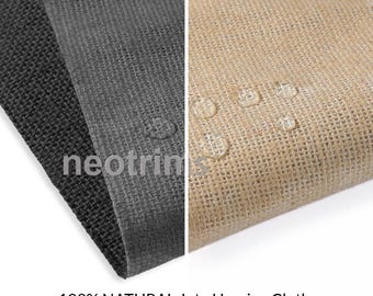 Material laminado de tela de arpillera de yute natural con revestimiento impermeable. 162 cm, 60" de ancho. El ancho más ancho del mercado. 10,5 oz, 290 GSM de peso.