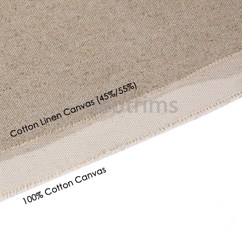 May include: Close-up of two types of canvas fabric. The top fabric is a beige cotton linen blend canvas labeled "Cotton Linen Canvas (45%/55%)". The bottom fabric is a white 100% cotton canvas labeled "100% Cotton Canvas".