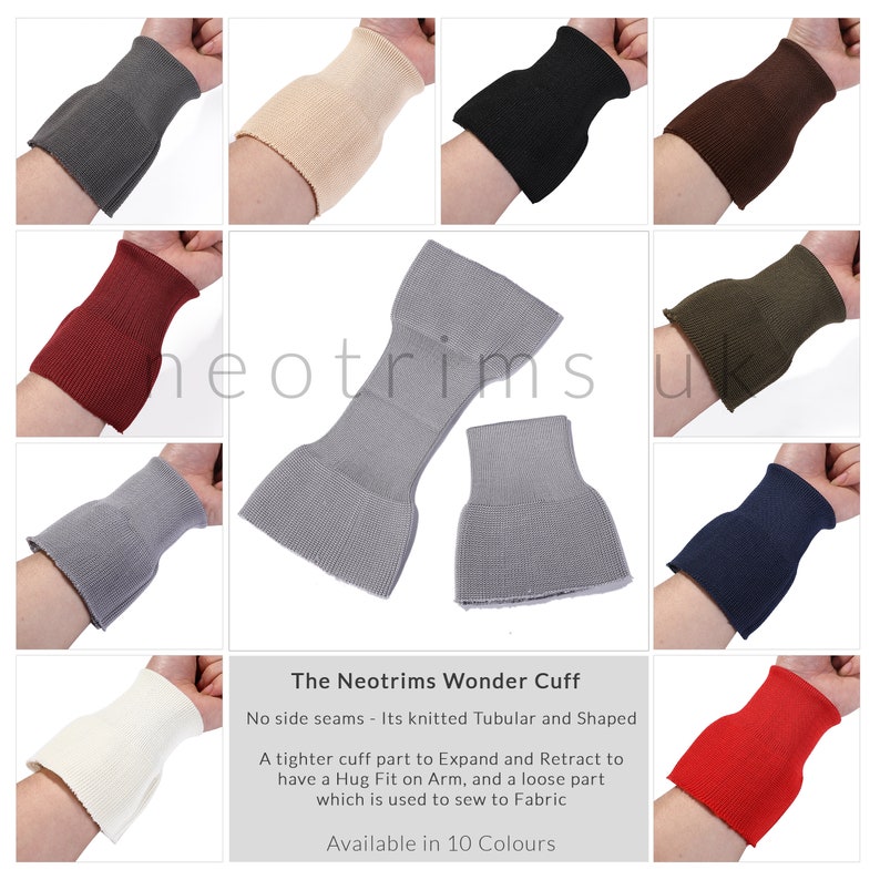 Puede incluir: Diez pu&ntilde;os de tejido de punto de diferentes colores. Los pu&ntilde;os son tubulares y con forma, con una parte de pu&ntilde;o m&aacute;s ajustada y una parte m&aacute;s suelta. El texto "The Neotrims Wonder Cuff" est&aacute; en la parte inferior de la imagen. El texto "No side seams - Its knitted Tubular and Shaped" est&aacute; debajo del t&iacute;tulo. El texto "A tighter cuff part to Expand and Retract to have a Hug Fit on Arm, and a loose part which is used to sew to Fabric" est&aacute; debajo del texto anterior. El texto "Available in 10 Colours" est&aacute; en la parte inferior de la imagen.
