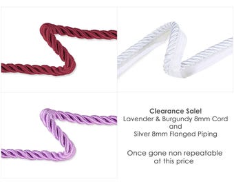 Twisted Cord Piping 8mm Silky Barley Twist Flanged Insertion Upholstery Rope Trim Sale, White Flanged Piping and Burgundy and Lavender Cord