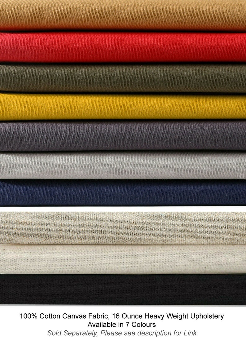May include: A stack of 100% cotton canvas fabric in 7 colors: beige, red, olive green, yellow, gray, light gray, navy blue, natural, and black. The fabric is 16 ounce heavy weight upholstery fabric.