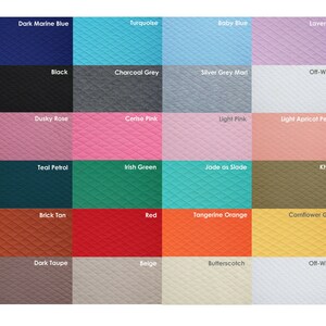 May include: A color chart of 24 fabric swatches with a variety of colors and textures. The swatches are arranged in a grid of four rows and six columns. The colors include dark marine blue, turquoise, baby blue, lavender, black, charcoal grey, silver grey marl, off-white, dusky rose, cerise pink, light pink, light apricot peach, teal petrol, Irish green, jade as slade, khaki, brick tan, red, tangerine orange, cornflower gold, dark taupe, beige, butterscotch, and off-white.