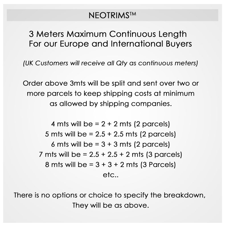 May include: Text explaining that orders over 3 meters of fabric will be split into multiple parcels to keep shipping costs low. The text lists the number of parcels for orders of 4, 5, 6, 7, and 8 meters of fabric. The text also states that UK customers will receive all fabric in one continuous piece.