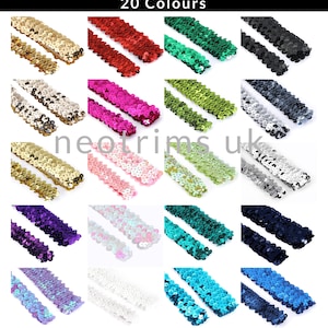 Può includere: Venti colori diversi di passamaneria di paillettes, ogni colore è mostrato in due file di paillettes. La passamaneria è larga circa 2,5 cm.