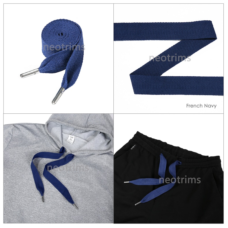 Flat Cotton Drawstring Cord,Hoodie Joggers Drawcord String with Metal Stopper Ends.Herringbone Twill Ribbon 25mm Wide x 120cms Long.Neotrims Navy