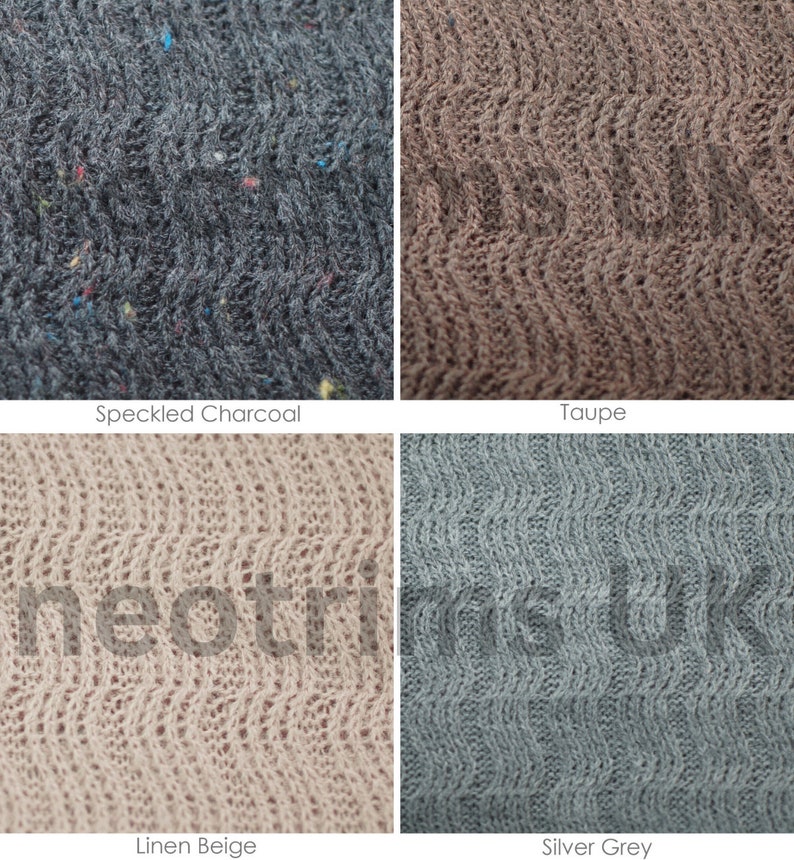 K&ouml;nnte beinhalten: Vier Stoffmuster in verschiedenen Farben und Texturen. Die Muster sind mit "Gesprenkelter Anthrazit", "Taupe", "Leinen Beige" und "Silbergrau" beschriftet.
