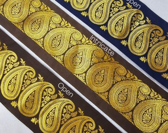 10cms Wide Paisley Trim Decorative Indian Style Metallic Gold Satin Ribbon Brocade ,Navy Indigo or Mocha Brown,Trimming for Crafts & Décor
