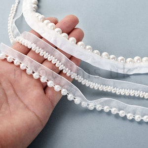 Pearl Beaded Lace Trim With Rhinestones, Rhinestone and Pearls Beading Trim  by the Yard 