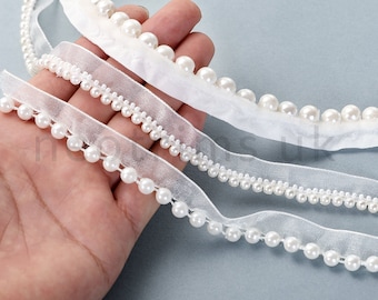 Cinta de cuentas de perlas con ribete de encaje vintage, adorno para costura de bodas, 3 tamaños, 4 mm, 6 mm, 8 mm de diámetro, perla artificial de marfil brillante. Neotrims
