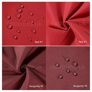 May include: Close-up of two fabric swatches, one red and one burgundy. Water droplets are visible on the surface of the fabric, demonstrating its water-resistant properties. The fabric swatches are labeled "Red #1" and "Burgundy #5".