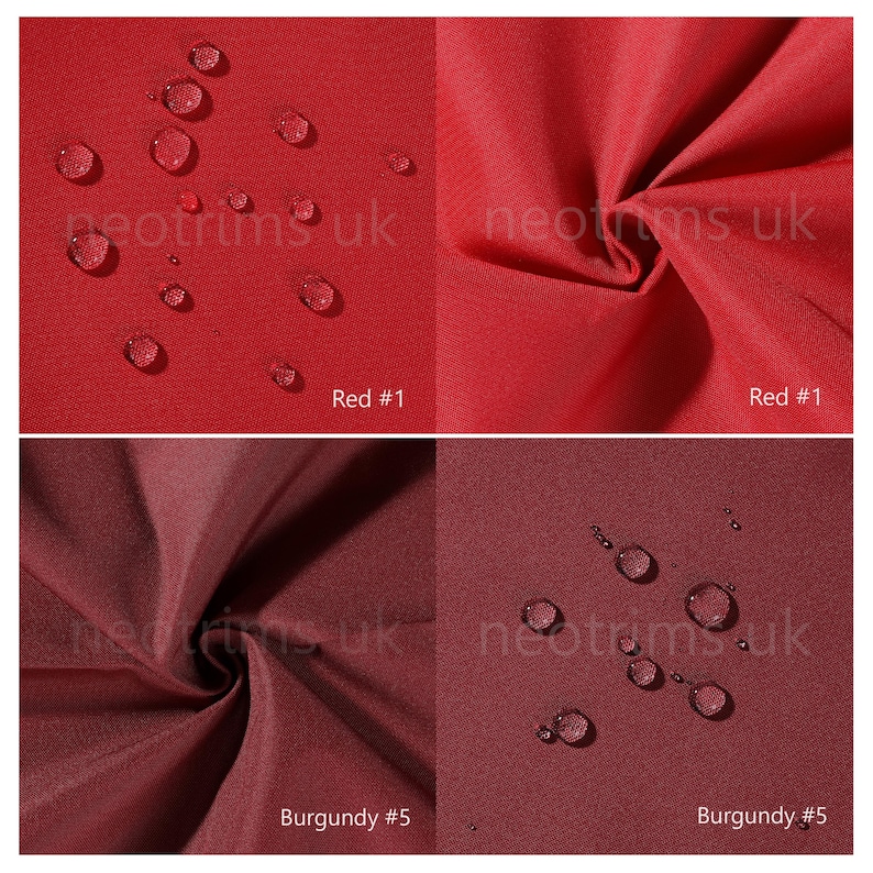 May include: Close-up of two fabric swatches, one red and one burgundy. Water droplets are visible on the surface of the fabric, demonstrating its water-resistant properties. The fabric swatches are labeled "Red #1" and "Burgundy #5".