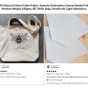 Puede incluir: Una bolsa de tela blanca con una abeja y el texto "just bee" bordado. La bolsa est&aacute; hecha de tela de calic&oacute; de algod&oacute;n natural al 100% y tiene 152,4 cm de ancho. Es adecuada para bolsas, manualidades y tapicer&iacute;a ligera.