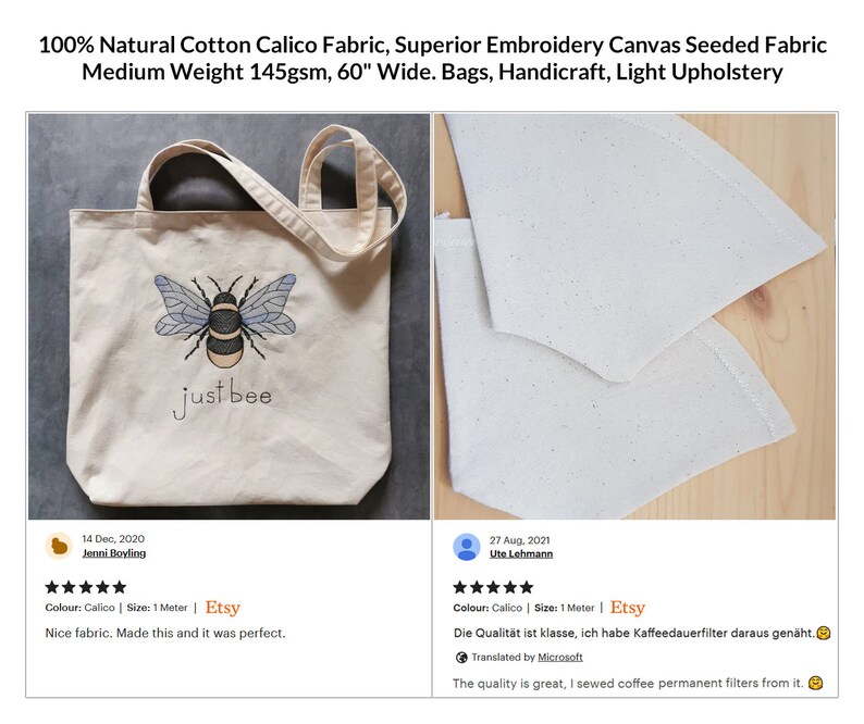 Puede incluir: Una bolsa de tela blanca con una abeja y el texto "just bee" bordado. La bolsa est&aacute; hecha de tela de calic&oacute; de algod&oacute;n natural al 100% y tiene 152,4 cm de ancho. Es adecuada para bolsas, manualidades y tapicer&iacute;a ligera.