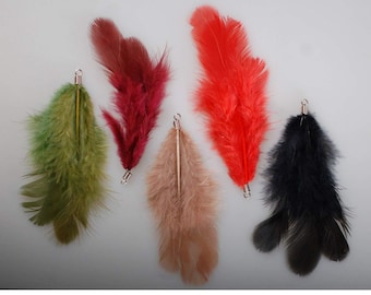 Feather Key Fobs for Costume or Garments Decoration. Feather dangles at end of Fob Coil. Metal Coil & Ring Attachment at end of feather