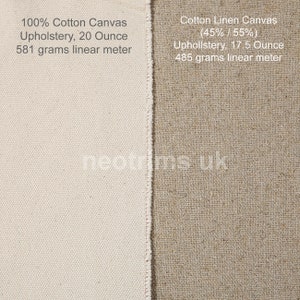 May include: Close-up of two fabric swatches. The left swatch is a plain white 100% cotton canvas upholstery fabric, weighing 20 ounces per linear yard. The right swatch is a beige cotton linen blend canvas upholstery fabric, weighing 17.5 ounces per linear yard. The blend is 45% cotton and 55% linen.