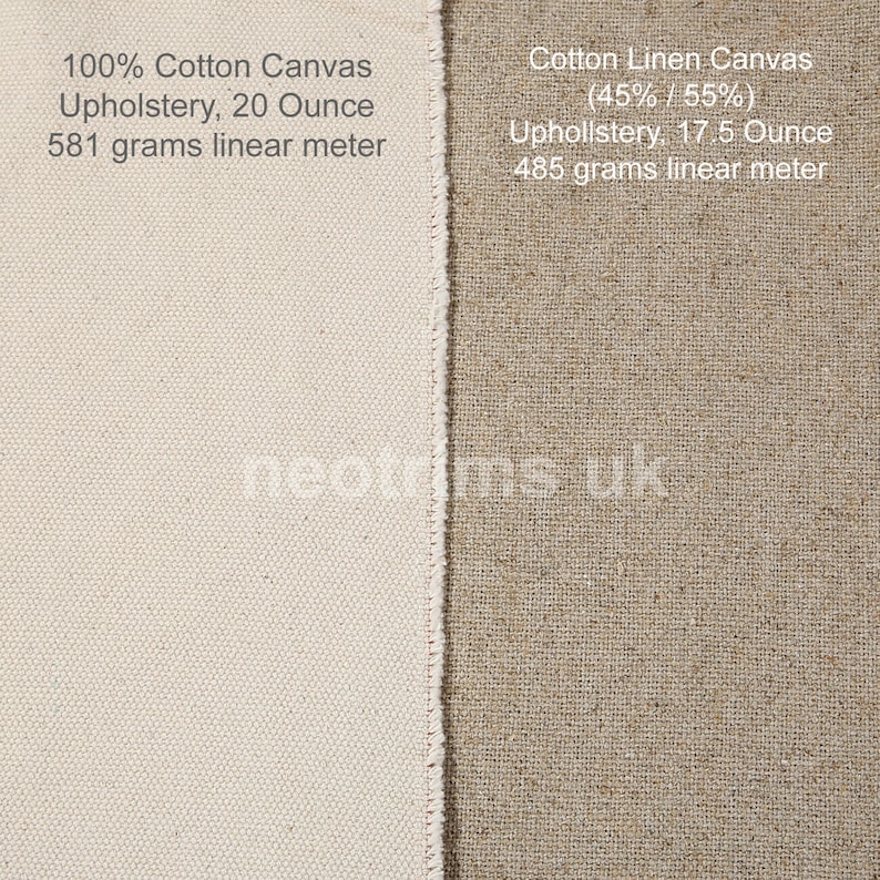 May include: Close-up of two fabric swatches. The left swatch is a plain white 100% cotton canvas upholstery fabric, weighing 20 ounces per linear yard. The right swatch is a beige cotton linen blend canvas upholstery fabric, weighing 17.5 ounces per linear yard. The blend is 45% cotton and 55% linen.
