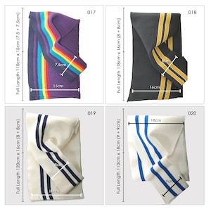 May include: Four different types of fabric trim with stripes in various colors. The trims are 15 cm, 16 cm, 18 cm, and 9 cm wide. The trims are all white, purple, black, or cream.