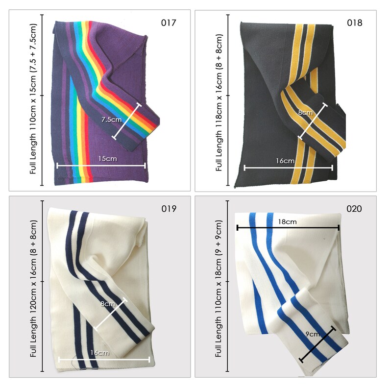 May include: Four different types of fabric trim with stripes in various colors. The trims are 15 cm, 16 cm, 18 cm, and 9 cm wide. The trims are all white, purple, black, or cream.