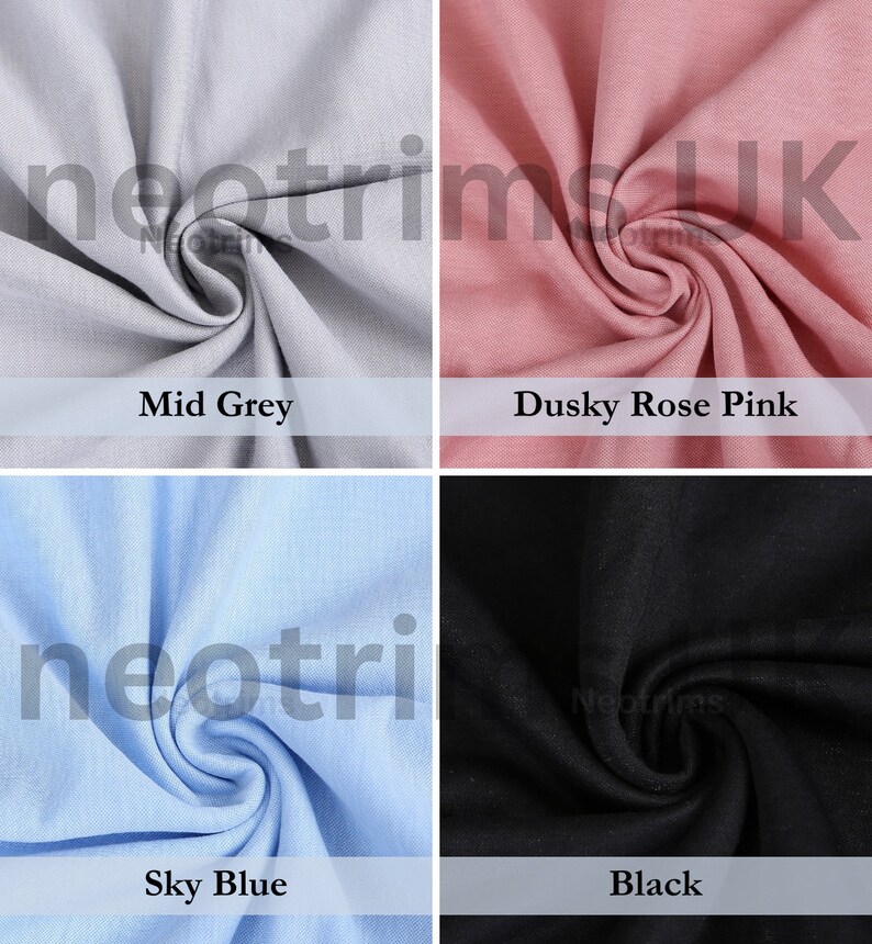 May include: Four fabric swatches in different colors: mid grey, dusky rose pink, sky blue, and black. Each swatch is folded and shows the texture of the fabric.