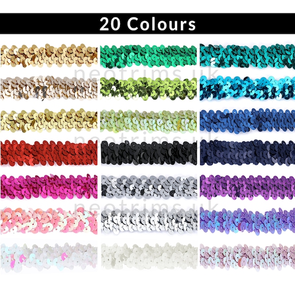 Stretch Sequin Trimming Braid,Metallic Glitzy Trim. Elastic 2 Row,2cm for Crafts,Costume Dress,Wedding and Bridal. 20 Colours,Neotrims UK