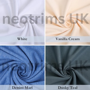 May include: Four fabric swatches in different colors: white, vanilla cream, denim marl, and dusky teal. The fabric is folded and twisted to show the texture.