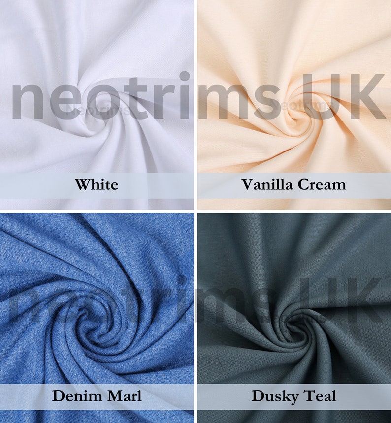 May include: Four fabric swatches in different colors: white, vanilla cream, denim marl, and dusky teal. The fabric is folded and twisted to show the texture.
