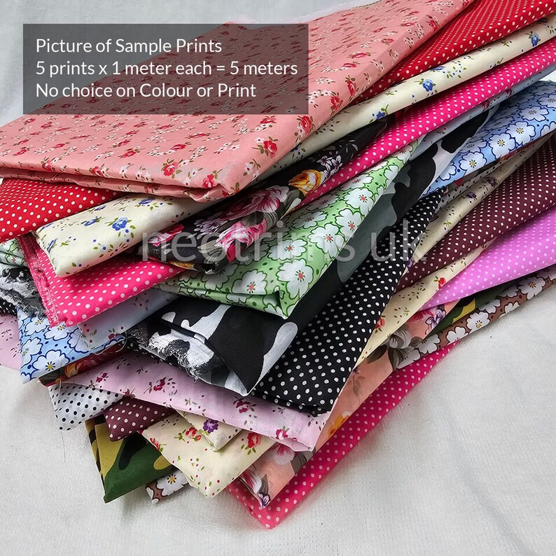 May include: A stack of 5 different fabric prints, each measuring 1 yard, for a total of 5 yards of fabric. The prints include floral, polka dot, and geometric patterns in various colors.  Picture of Sample Prints 5 prints x 1 meter each = 5 meters No choice on Colour or Print