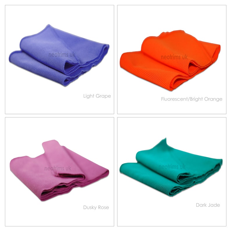 May include: Four fabric swatches in different colors: light grape, fluorescent orange, dusky rose, and dark jade. Each swatch is folded and labeled with the color name and the text "neotrims uk".