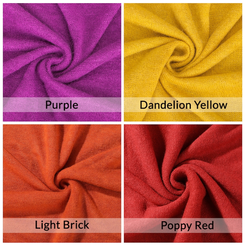 Puede incluir: Cuatro muestras de tela en diferentes colores: morado, amarillo diente de le&oacute;n, ladrillo claro y rojo amapola. La tela es un tejido suave y texturizado.