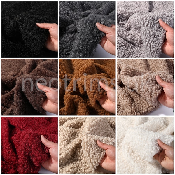 Fur Fabric Faux Sheeps Wool Curly Boucle Looped Plush Furry Vegan Material.Bouncy Airy Light Soft Handle 10mm Pile Thick.9 Colors, Neotrims