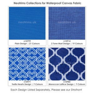 May include: A collection of waterproof canvas fabric samples in various blue designs. The samples include plain, two-tone marl, trellis hearts, and Moroccan lattice patterns. Each design is labeled with a unique code and the number of available colors. The text "Neotrims Collections" is at the top.